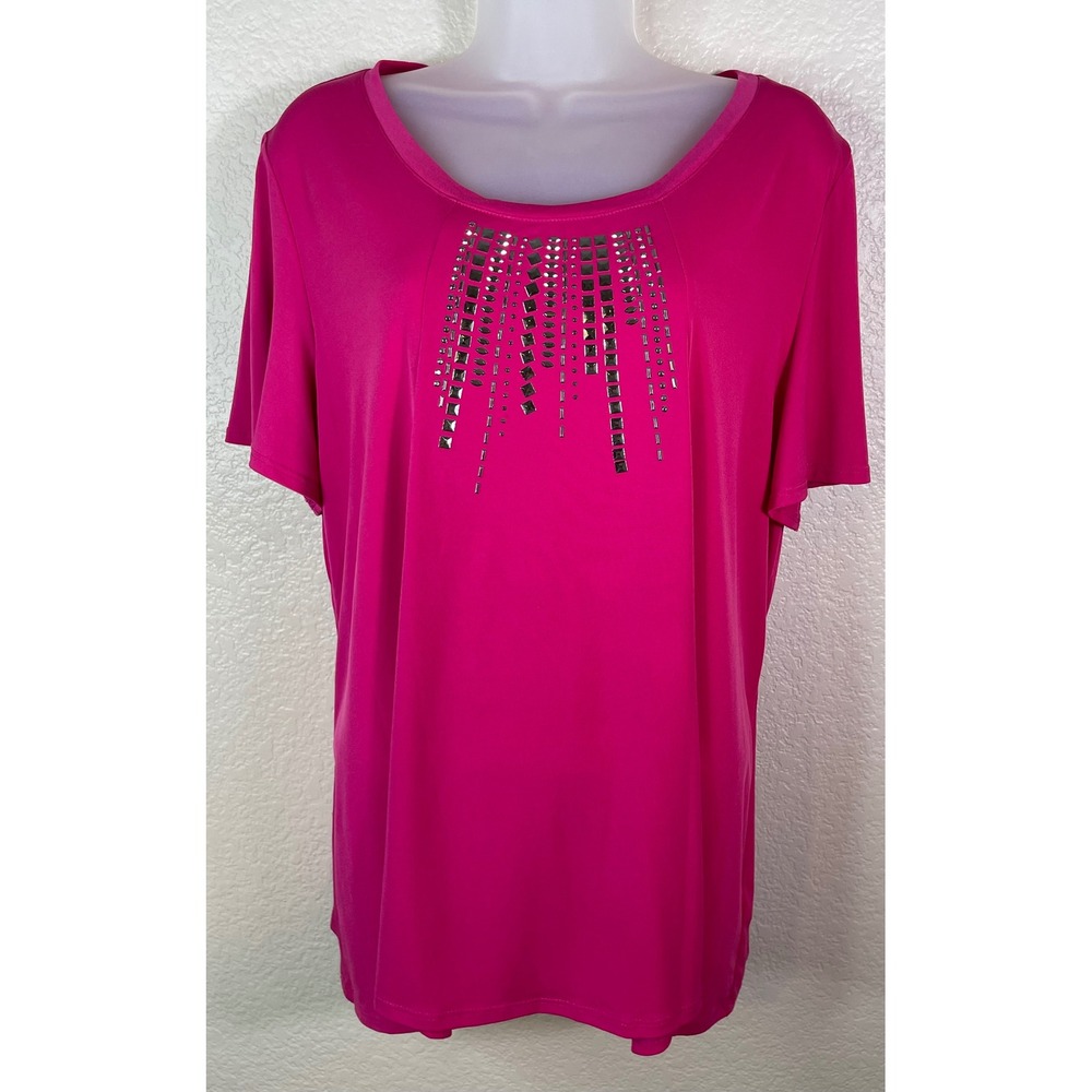 Susan Graver Womens L Top Pink Studded Embellished Short Sleeve Blouse Career